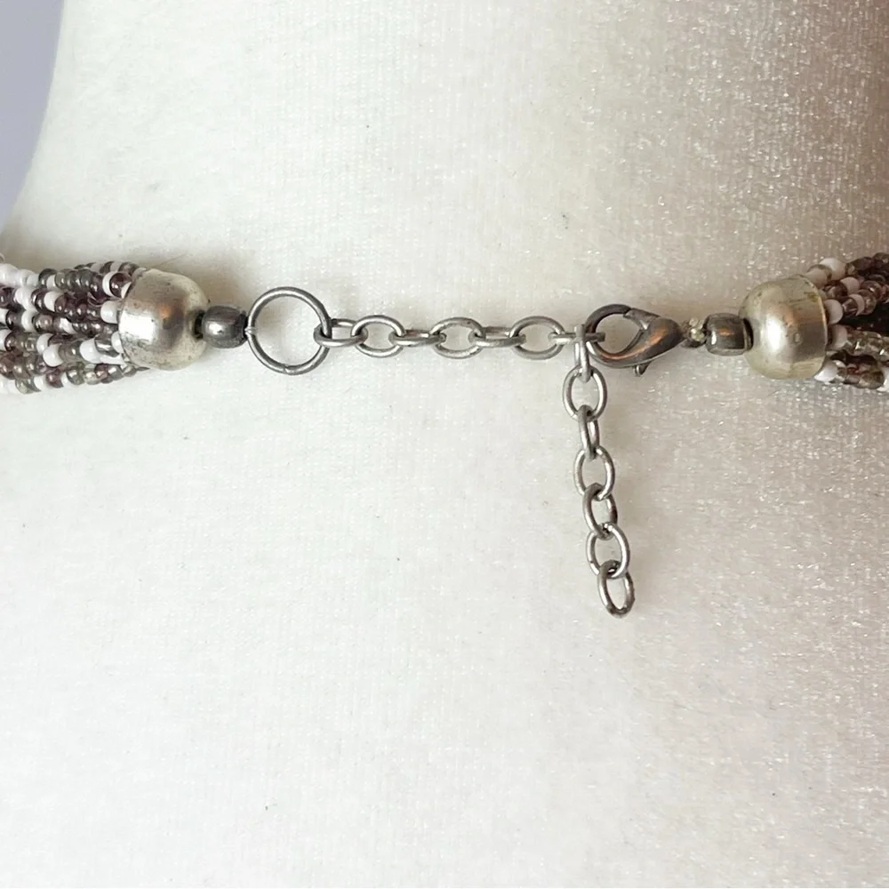 Beautiful 10 Strand Beaded Abalone Silver Tone Pendant Necklace Vintage - Picture 6 of 13